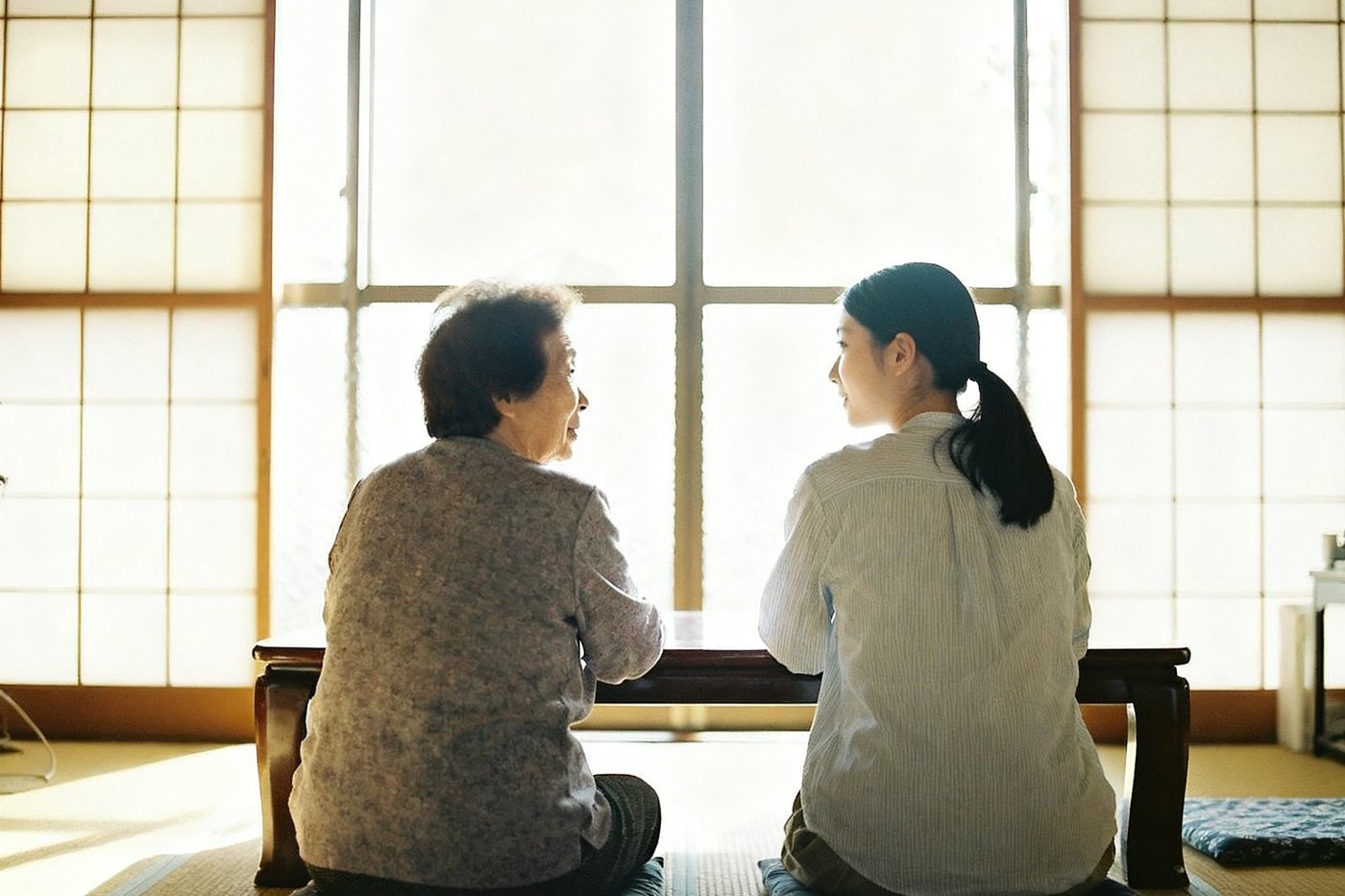 和室の座卓の前に並んで座り、話をしている年配の女性と若い女性の後ろ姿