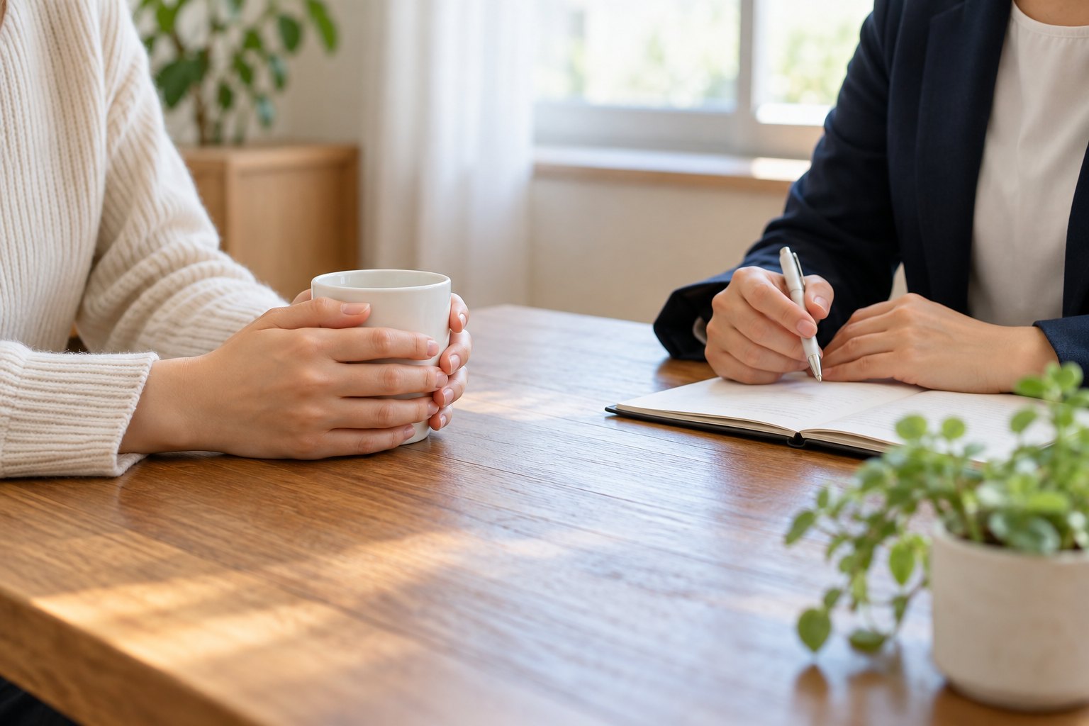 相談の席で、マグカップを両手で包む人と、ノートを開いて話を聞く人の手元