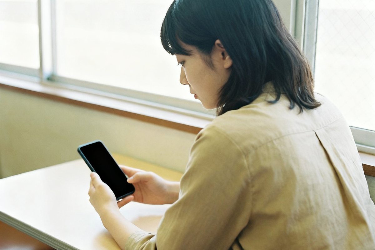 窓辺に座って、スマートフォンを見ている女性
