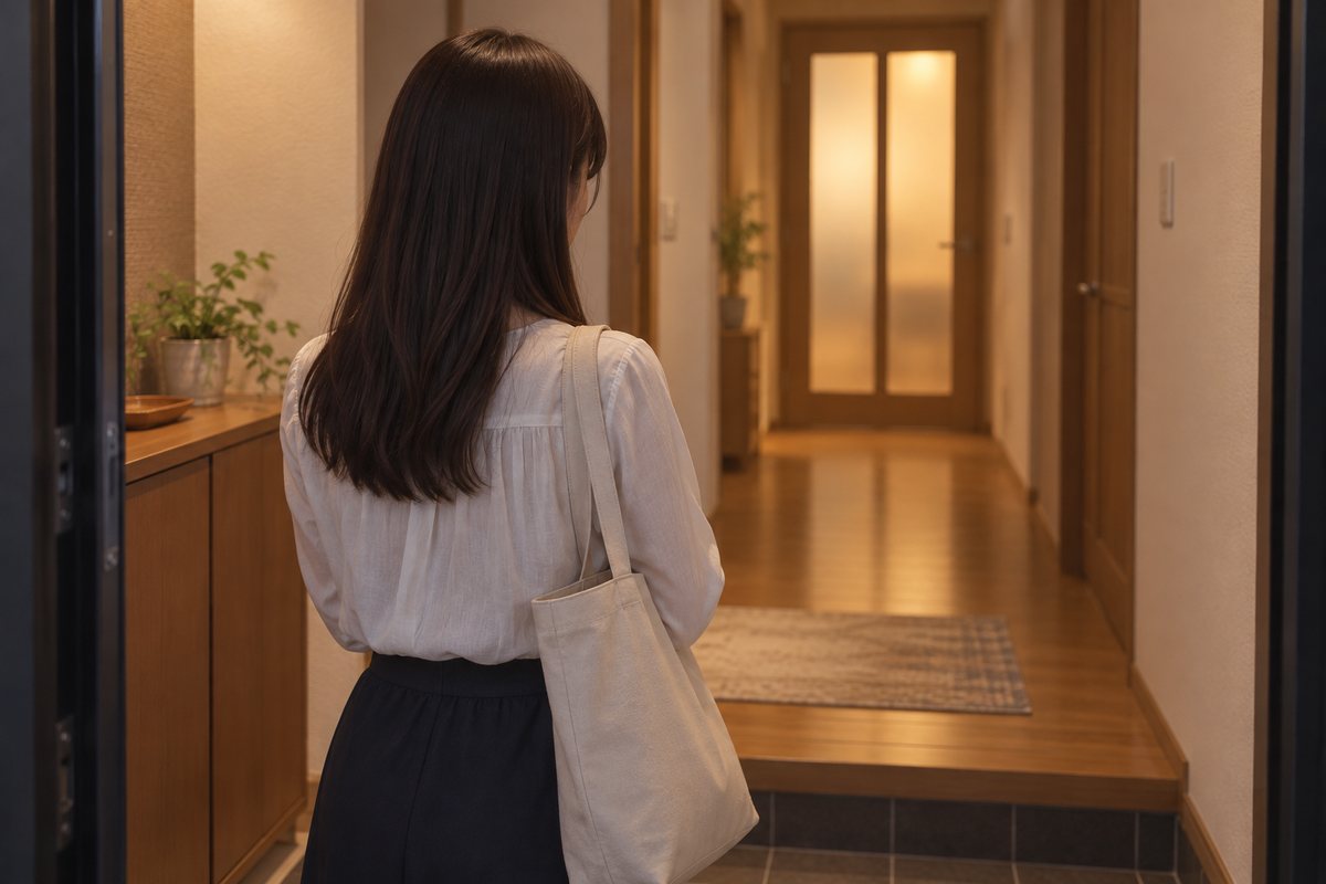 夜、実家の玄関に立ち、明かりのついた奥の部屋のほうを見ている女性の後ろ姿