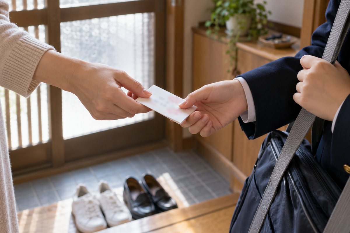 玄関で、母親が制服姿の娘に小さなメモを手渡している手元