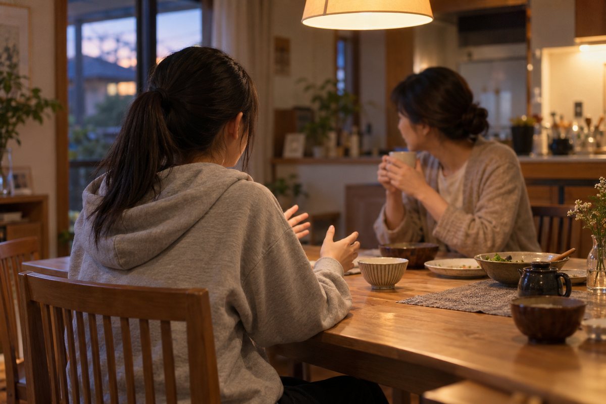 夕方の食卓で、身ぶりをまじえて話す娘と、マグカップを手にした母親