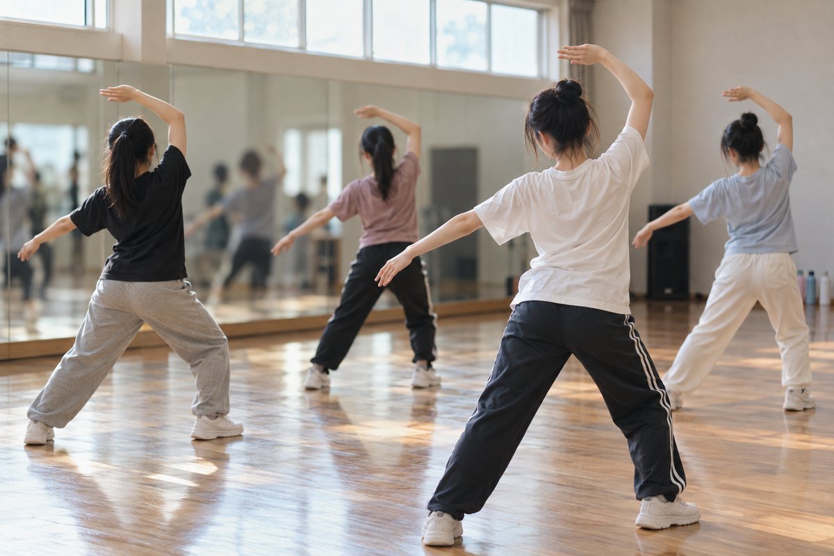 ダンススタジオで、鏡の前で同じ振りを練習する女の子たちの後ろ姿