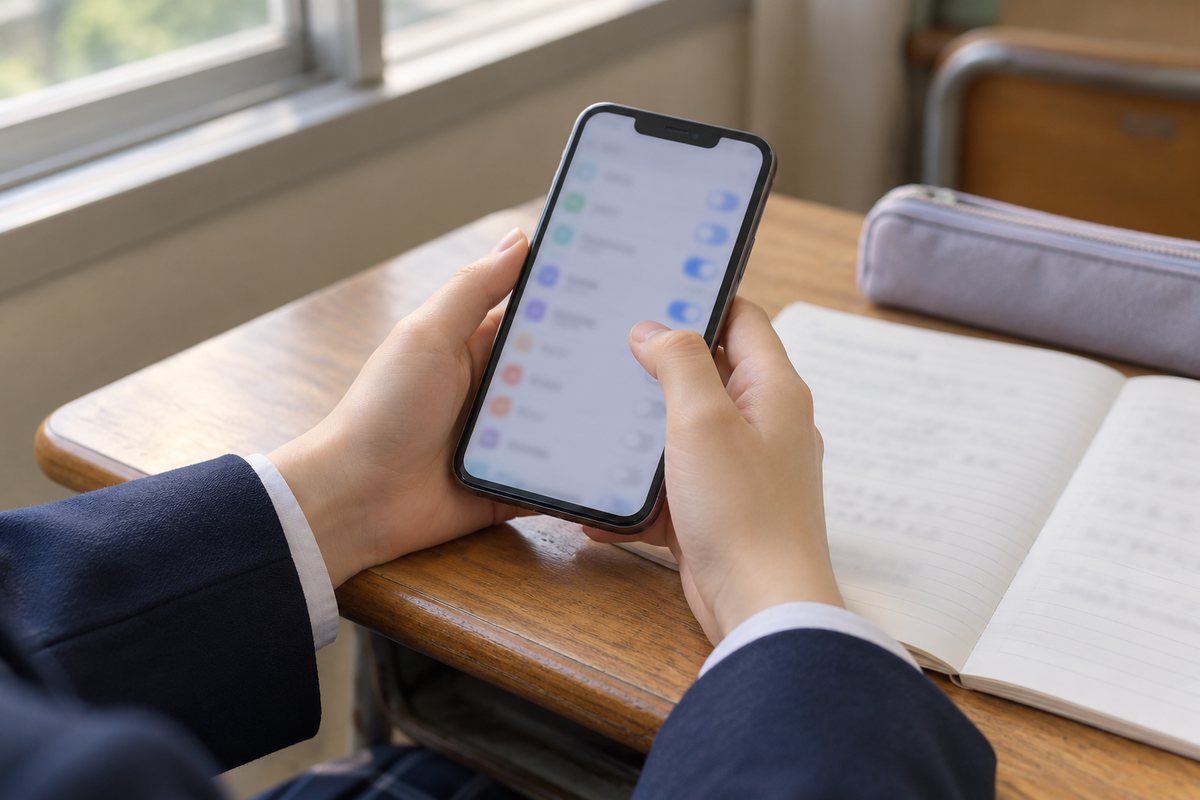 制服の袖の手元で、スマートフォンの設定画面を開いているところ