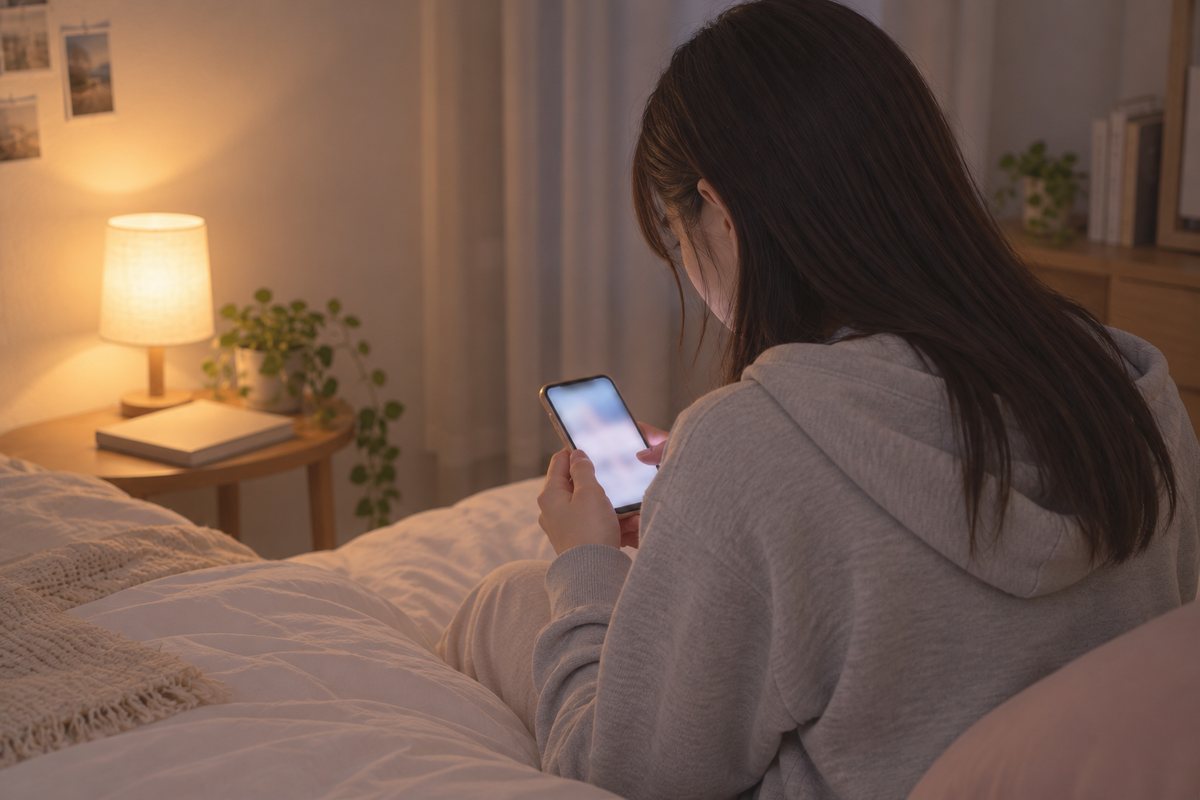 夜の部屋で、ベッドに座ってスマートフォンを見ている女の子