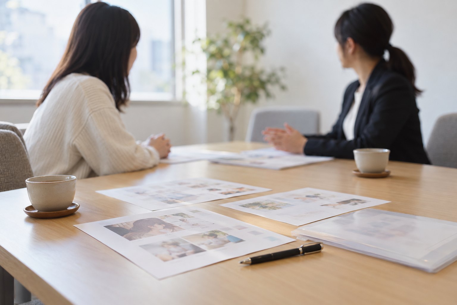 事務所の打ち合わせ室で、説明用の資料とお茶を置いた机に、保護者と担当者が並んで座っている