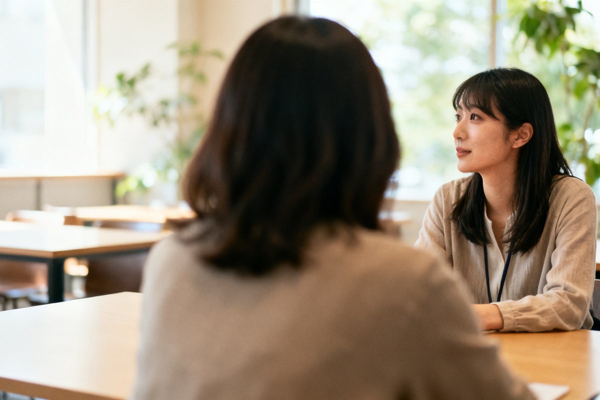 明るい部屋で、向かい合って説明を聞いている二人