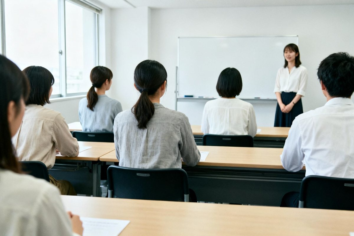 研修の部屋で、前に立つ講師の話を聞く参加者たち