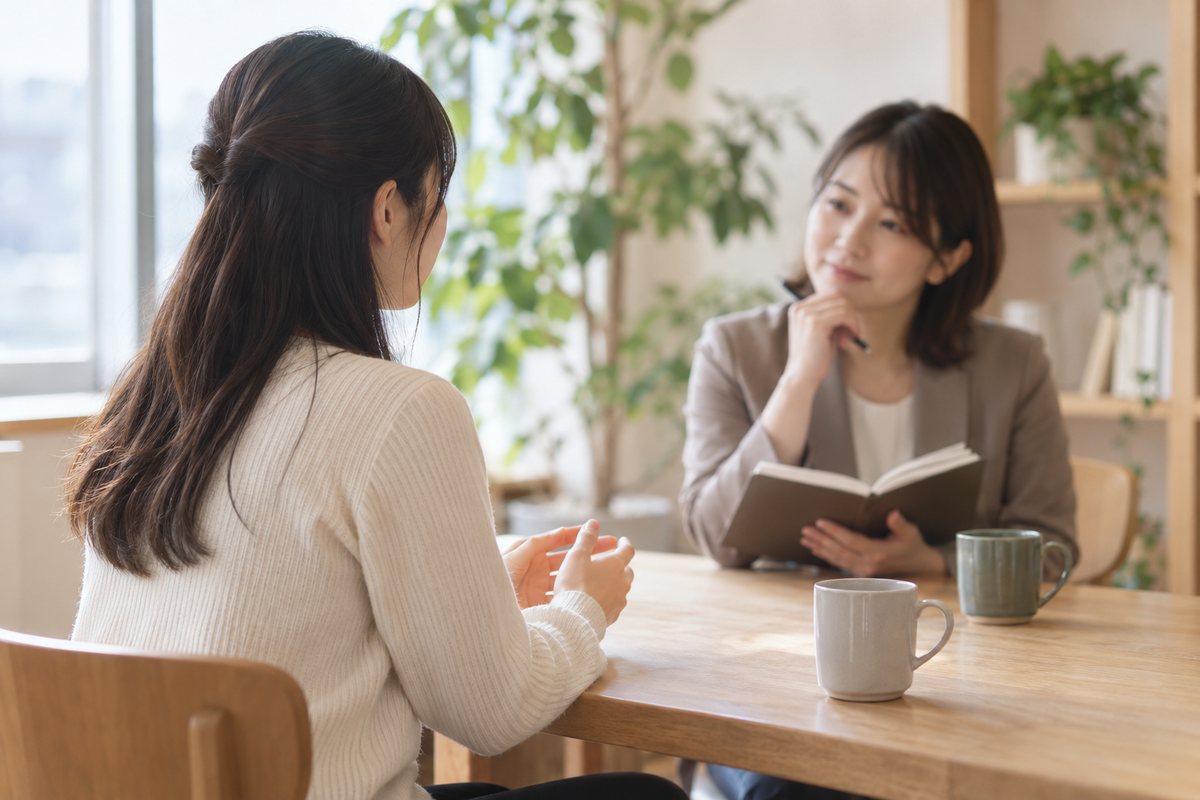 相談室で、キャリアの相談員に話をしている若い女性