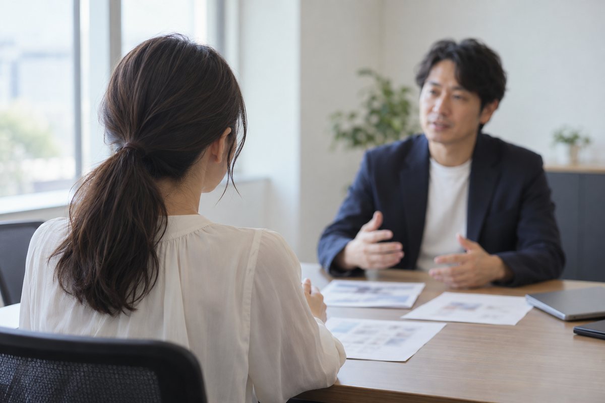 事務所の会議室で、担当者同士が向かい合って話している