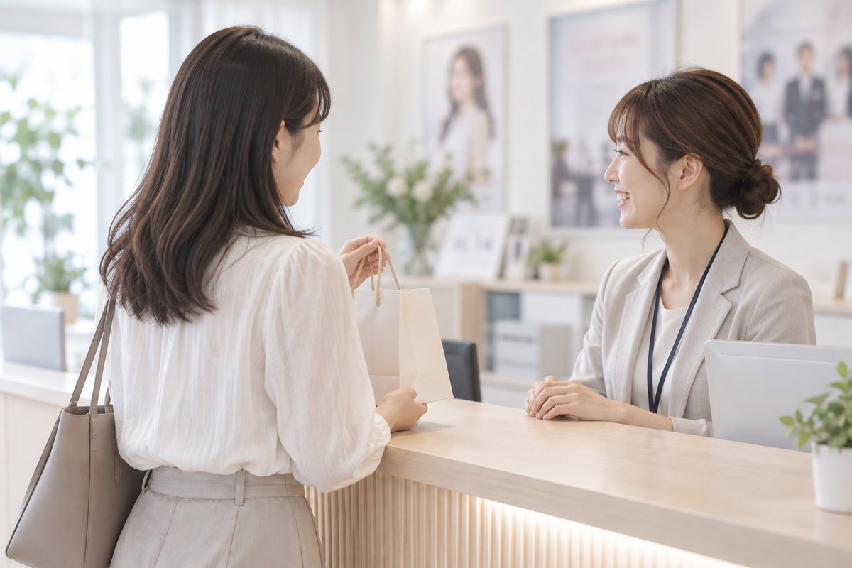 事務所の受付で、手土産を持って訪ねてきた卒業生が、スタッフと話している