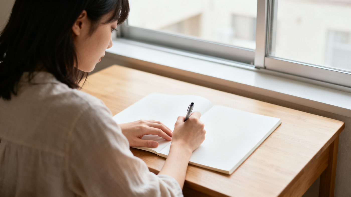 窓辺の机で、まっさらなノートに書き出していく女性の手元