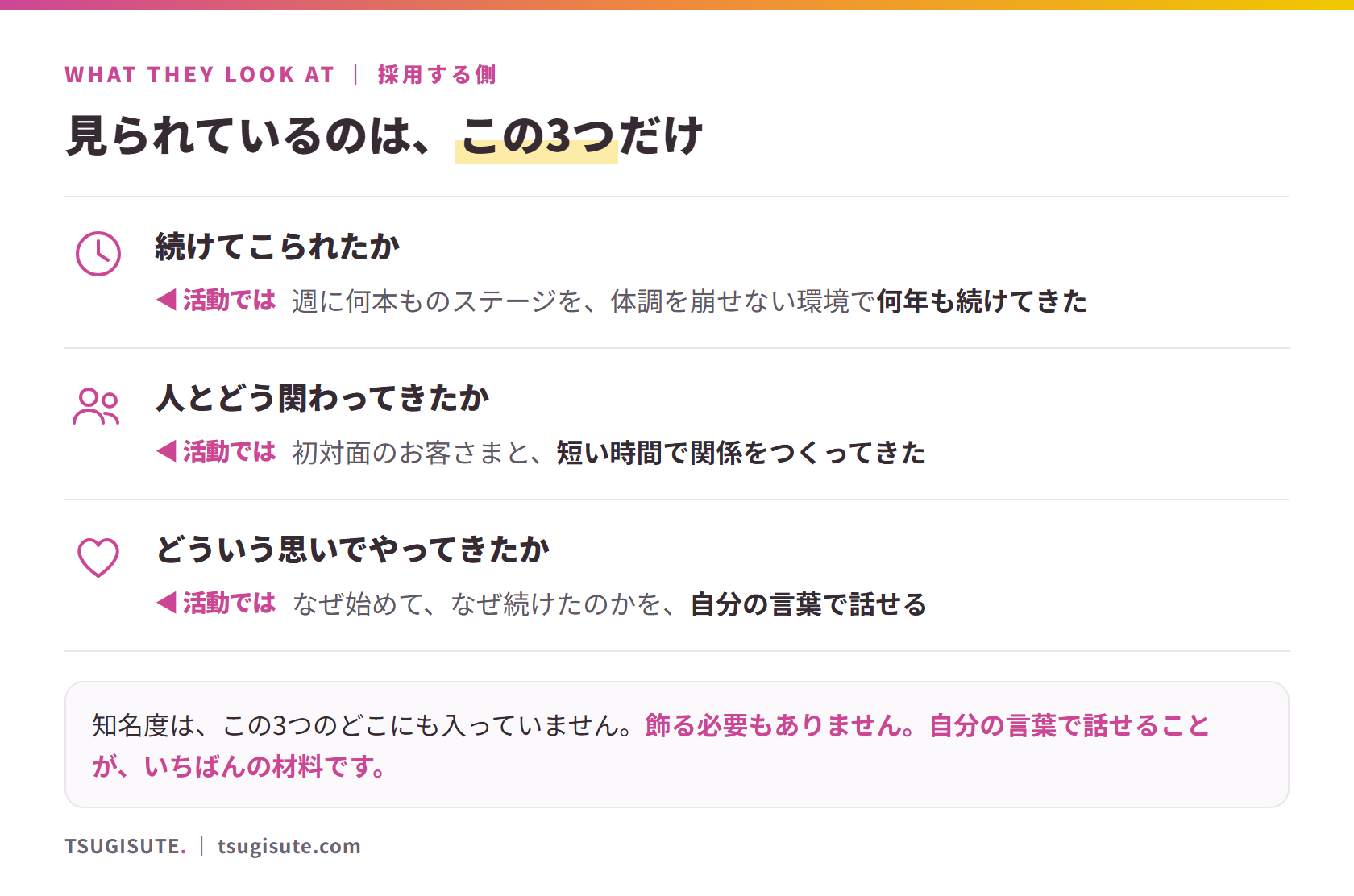 採用する側が見ている3つ:続けてこられたか(週に何本ものステージを何年も)/人とどう関わってきたか(初対面のお客さまと短い時間で関係をつくる)/どういう思いでやってきたか(なぜ始めて、なぜ続けたのかを自分の言葉で話せる)