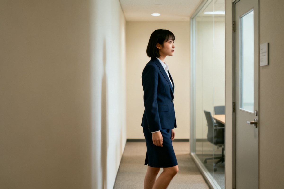 スーツ姿で、オフィスの廊下に立つ女性
