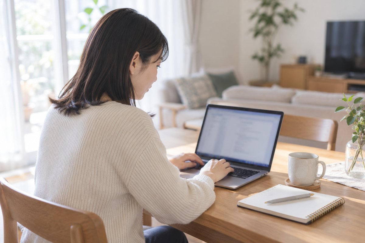 自宅のダイニングテーブルで、ノートパソコンに向かって職務経歴書を書いている女性の後ろ姿