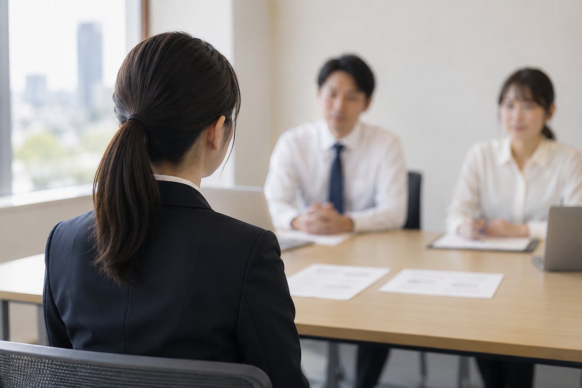 面接の席で、二人の担当者と向き合うスーツ姿の女性の後ろ姿
