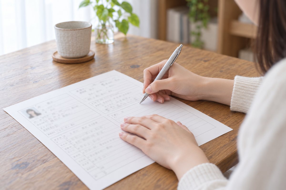 自宅のテーブルで、履歴書にボールペンで書き込んでいる女性の手元