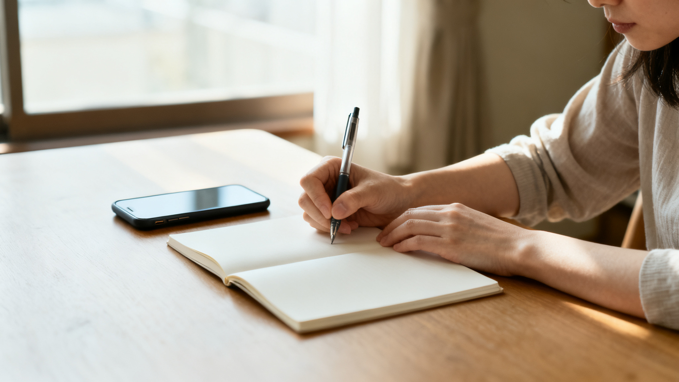 スマートフォンを脇に置いて、まっさらなノートに書き出していく手元