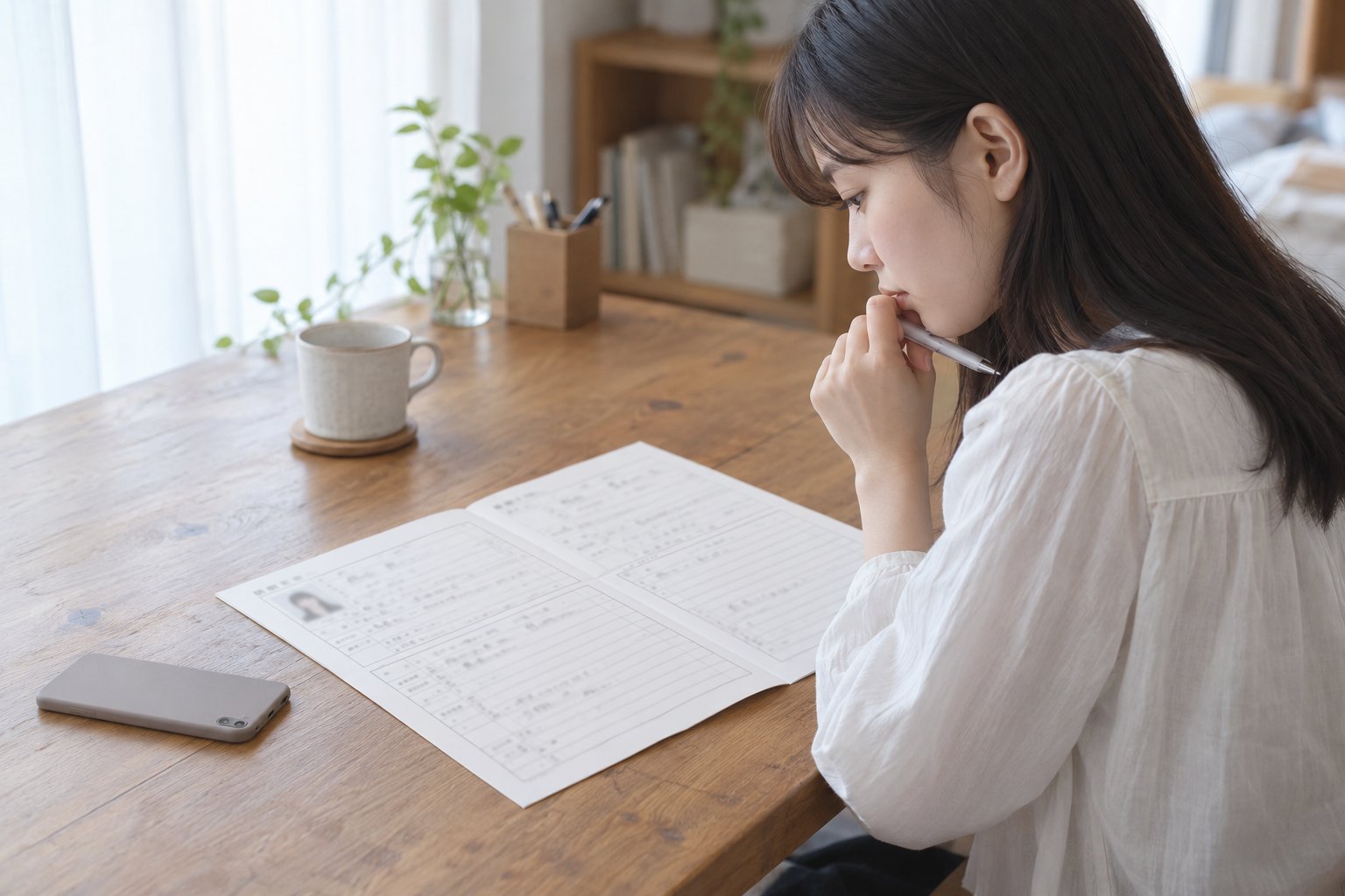 履歴書を前に、ペンを止めて考えている女性