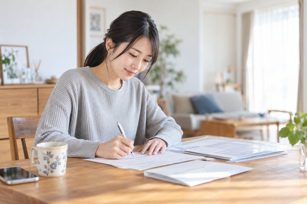 自宅のテーブルで、会社から届いた入社の書類を確認しながら記入する若い女性