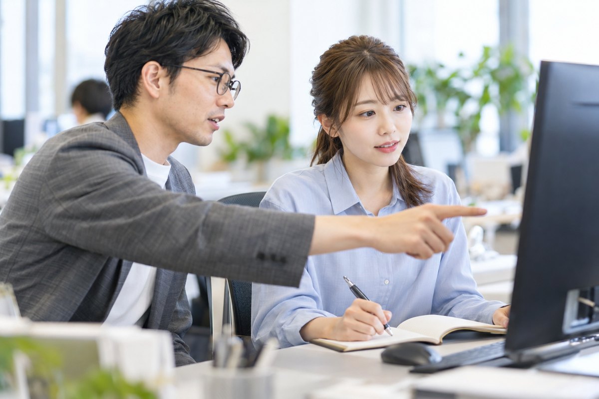 オフィスのデスクで、入社したばかりの女性が先輩にパソコンの画面を見せてもらいながら、ノートにメモをとっている